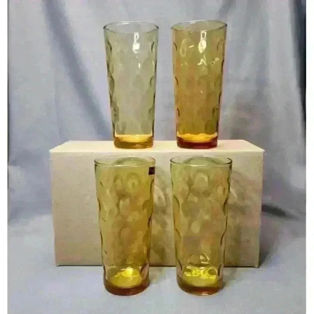 Hazel Atlas Tumblers Coolers 16 oz Amber Glass Granada Gold Hazelware Glasses x4 - Picture 4 of 6